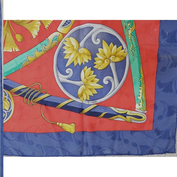 Hermes Vibrant Red and Blue Scarf with Gold Details - Picture 2 of 12